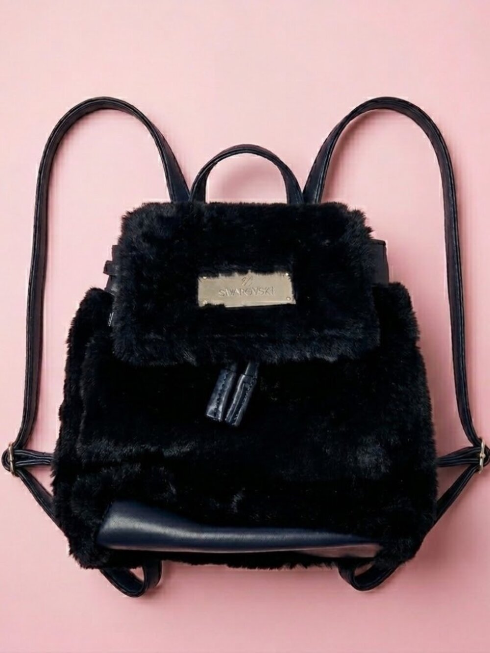 NWT Swarovski Midnight Blue Faux Fur Backpack Purse